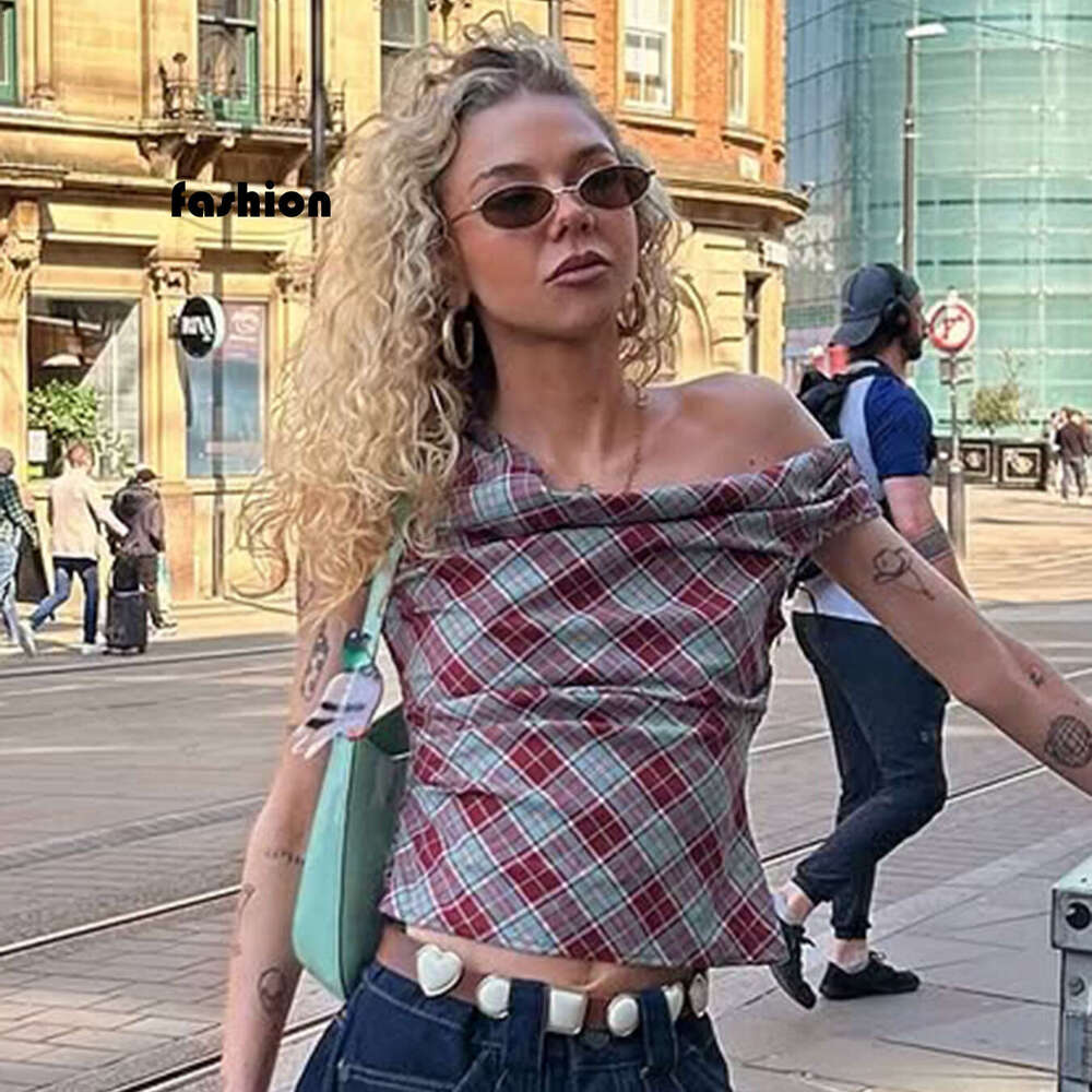 Red Plaid Asymmetrical Neckline Off-Shoulder Vest Summer Sexy Backless Short Sleeveless Outerwear Top B5 g5