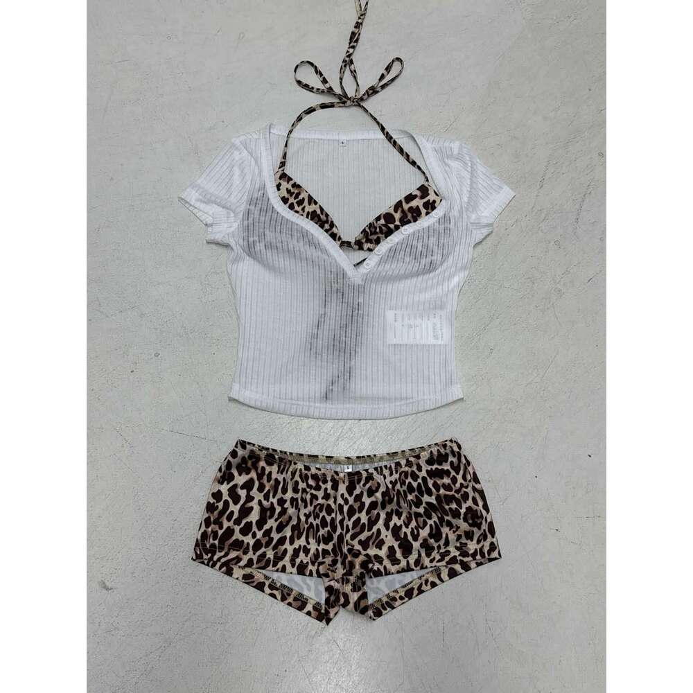 Summer Fashion Ribbed Button Three-Piece Set Sexy Leopard Print Camisole Top Shorts T-Shirt Hot Girl Outfit For Women B5 g7
