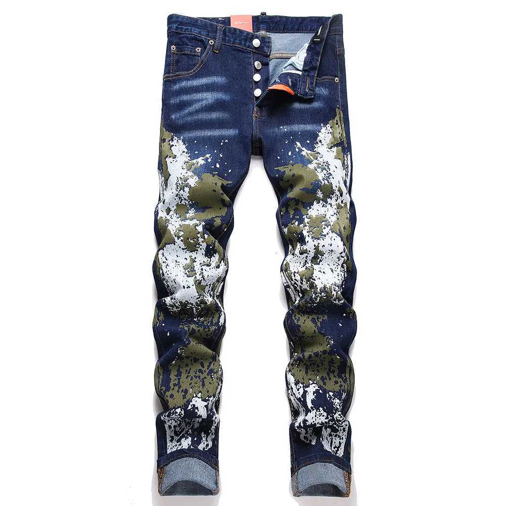 Men Painted Stretch Denim Jeans Streetwear Slim Tapered Pants Button Fly Blue Cotton Trousers X250718