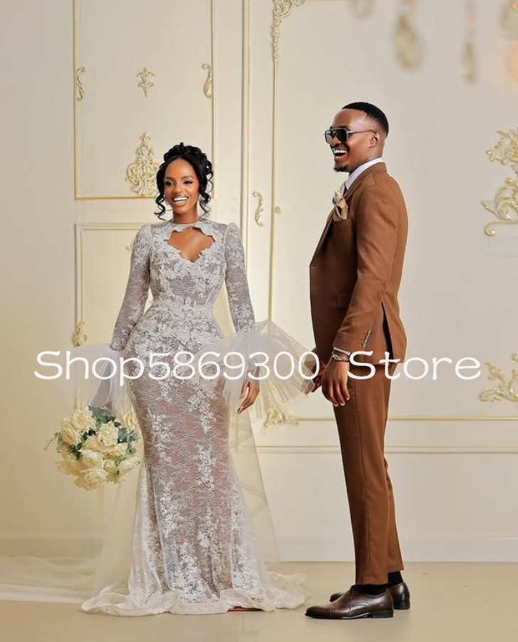 Mermaid Beach African Wedding Dresses With Long Sleeve Lace Applique Tulle Aso Ebi Garden Church Bridal Gown Customsized