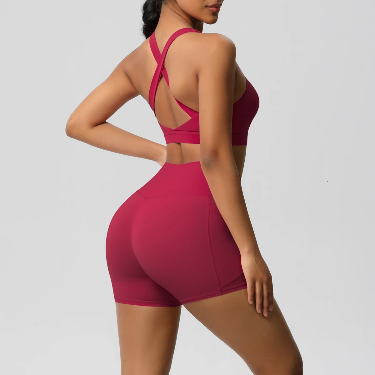 2PCS Sportswear With Pocketed Yoga Set Gym Clothes Suits For Women Tracksuits Sports Shorts Crossover Bra Leggings 250714