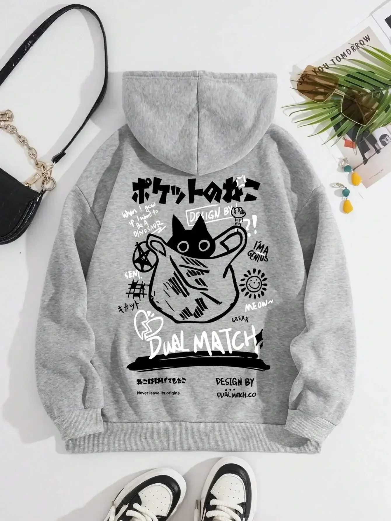 New Cartoon Cat Printing Pullover Hoodie For Adults Long Sweat Streetwear Daily Casual Harajuku Top Hooded Basic Unisex XJ250717
