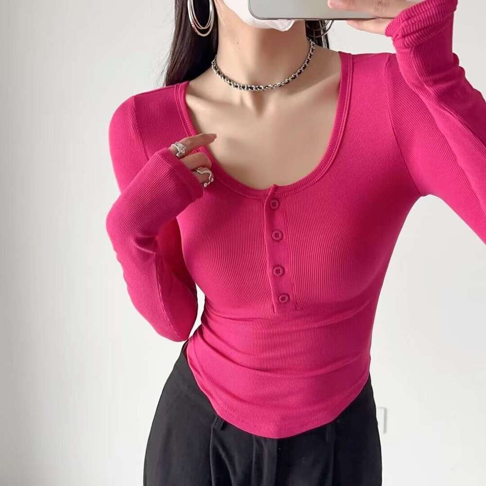 Spicy Girl Tight-Fitting Short-Sleeve T-Shirt For Women, Half-Button Round Neck, Curved Edge, Stretchy Slim-Fit Short Sports Top, Ins Style B5 g7