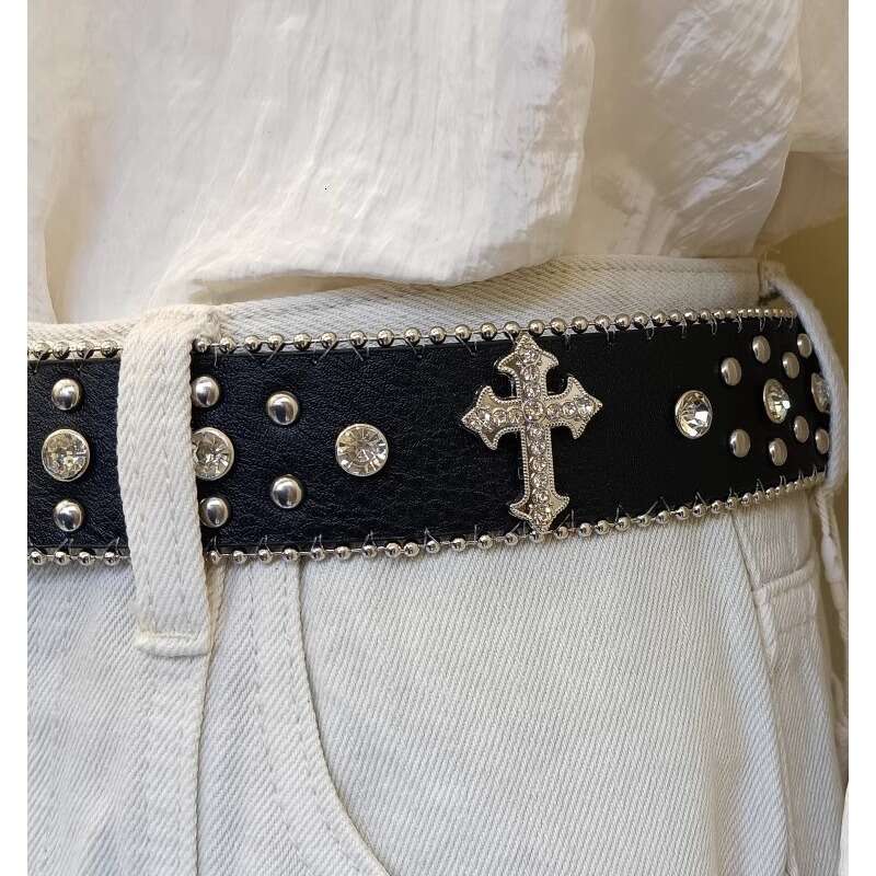 Wide Waistband Jeans Belt Designer jewelry Rhinestone Inlaid Decoration Fashion Versatile Cross Ultra-fiber Faux Leather Unisex