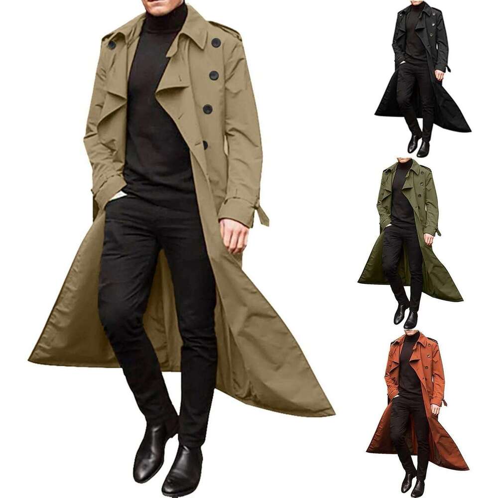 Men's Windbreaker Spring Autumn Long-Slevee Extra Long Coat Classic Trend Double Breasted Solid Color Temperament Trench