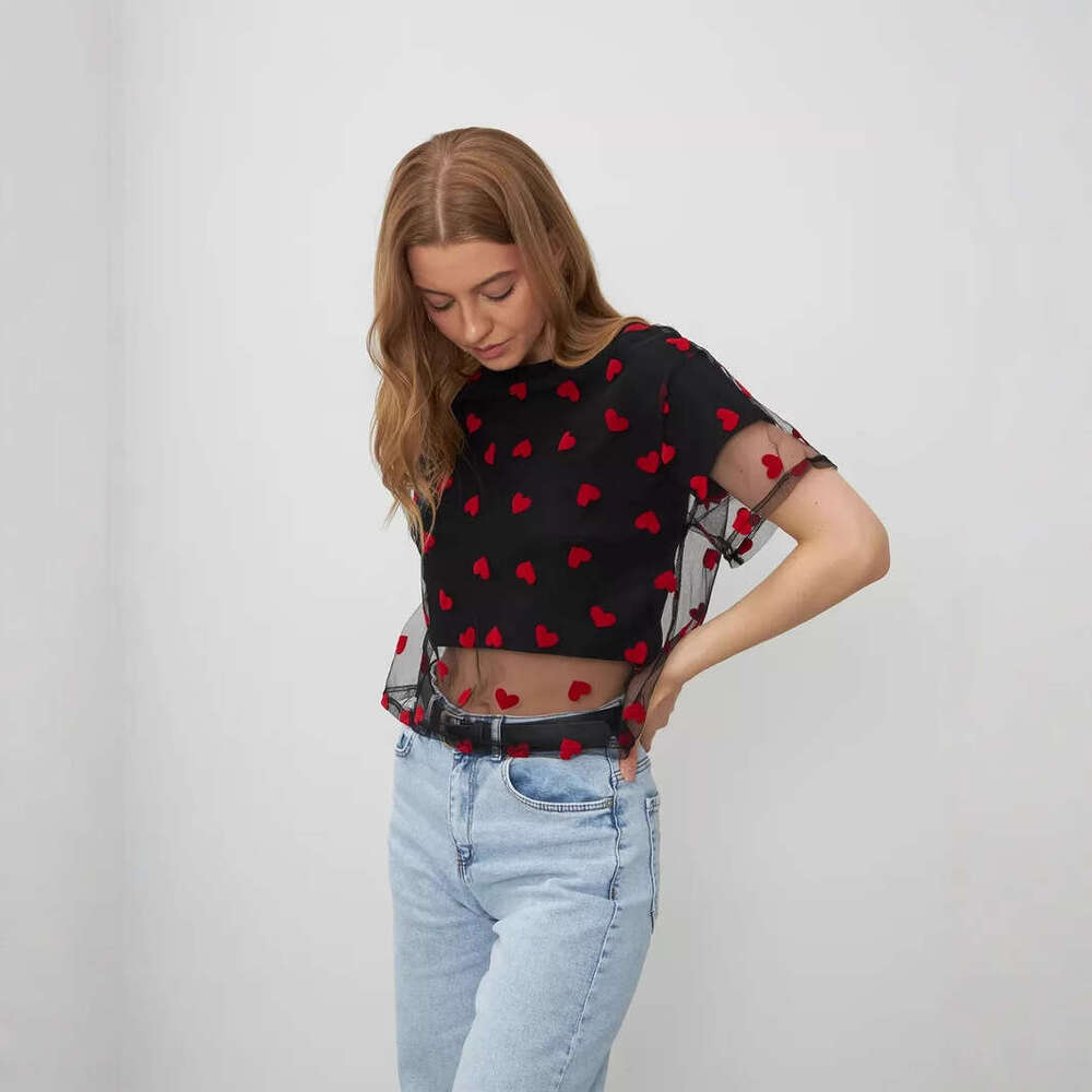 Summer New Heart Mesh Patchwork Color-Block T-Shirt For Women Fake Two-Piece Style Y2k Cotton Short Top B5