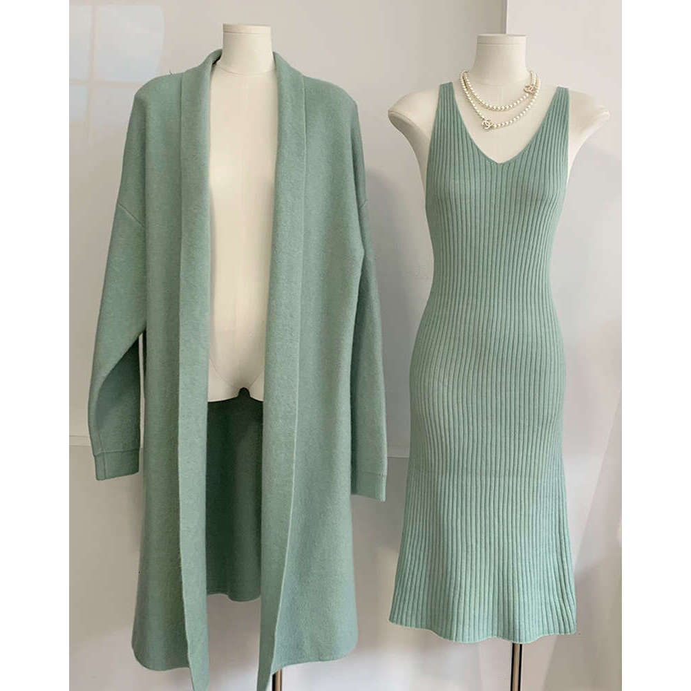 Autumn Winter New Style Knitted Suit For Women Elegant Vest Dress + Long Cardigan Coat Hot B5