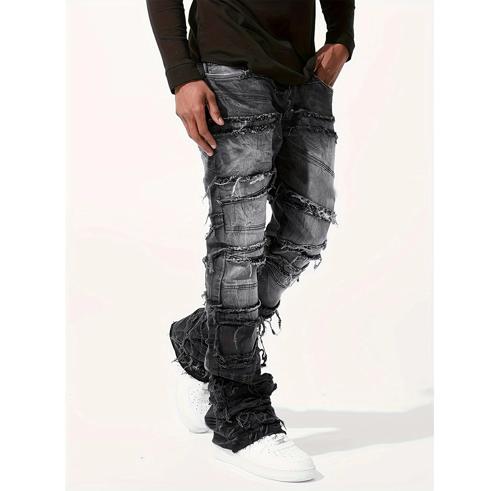 Mens Denim Pull-On Jeans Tiered Raw Trim Pockets Straight Leg Full Length Leisure Trousers Fashion Streetwear 250716