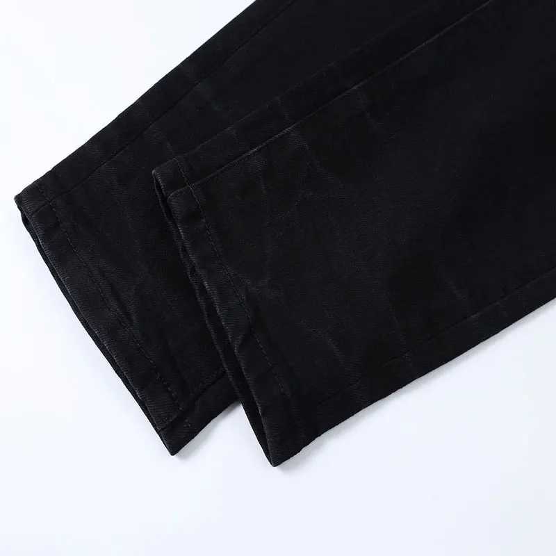 Designer Street Fashion Mens Jeans Washed Elastic Slim Fit Perforated Cashew Flower Patch Black Denim High Street Pants H X2507181