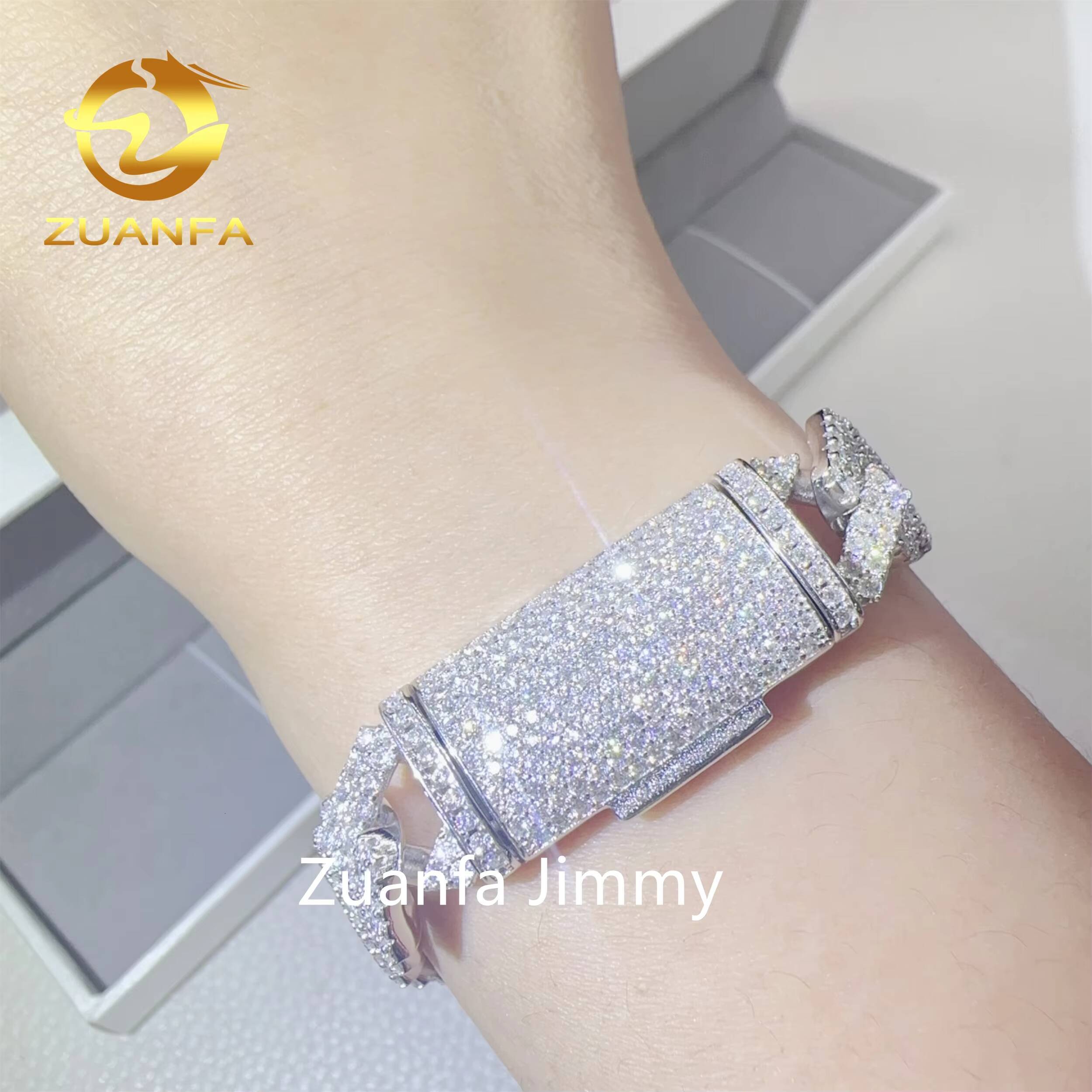 In Stock 13mm 2 Rows 925 Solid Silver Iced Out Hip Hop Jewelry VVS1 Moissanite Diamond Cuban Link Chain Bracelet Men
