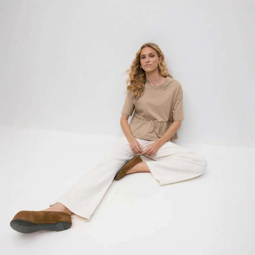 Spring Summer New Style Pure Cotton Round Neck Pleated T-Shirt For Women Soft Loose Casual Versatile Top B5