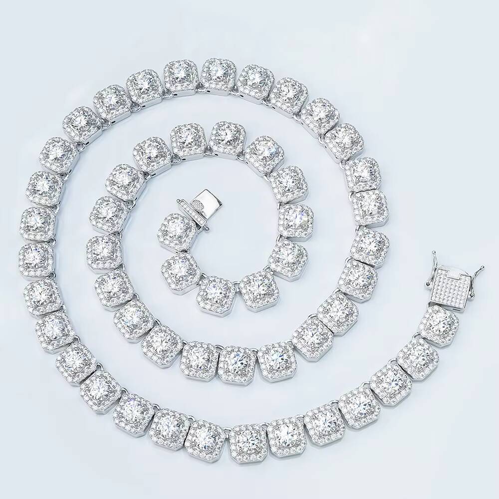 Factory Hip Hop Cuban Gra Certified 11mm Width Mossanite Clustered Square Tennis Chain Necklace