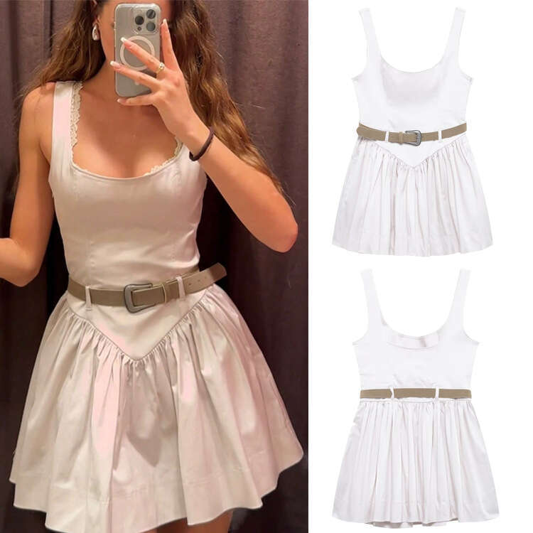 TRAFZA Style Women's New Belted Slim Sleeveless Strap Short Dress B5