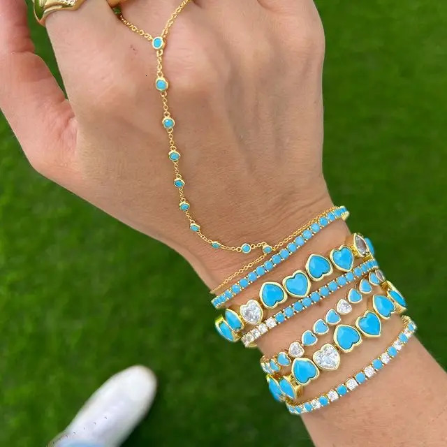 Mix White Turquoises Round 3MM CZ Prong Set Tennis Chain Bracelet Gold Color Fashion High Quality Women Jewelry 250717