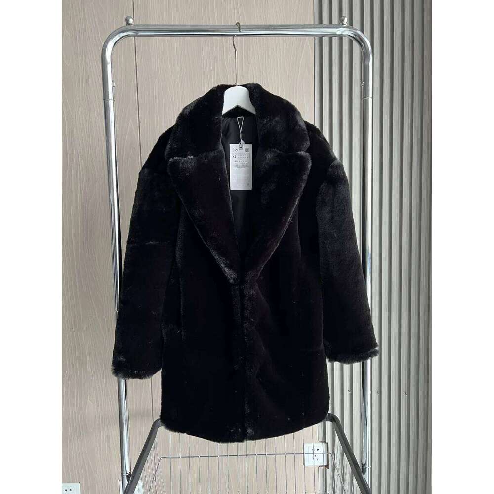 ETJ 2024 Winter Traf Women's Elegant Fashion Black Lapel Faux Fur Soft Thick Warm Coat 1255770