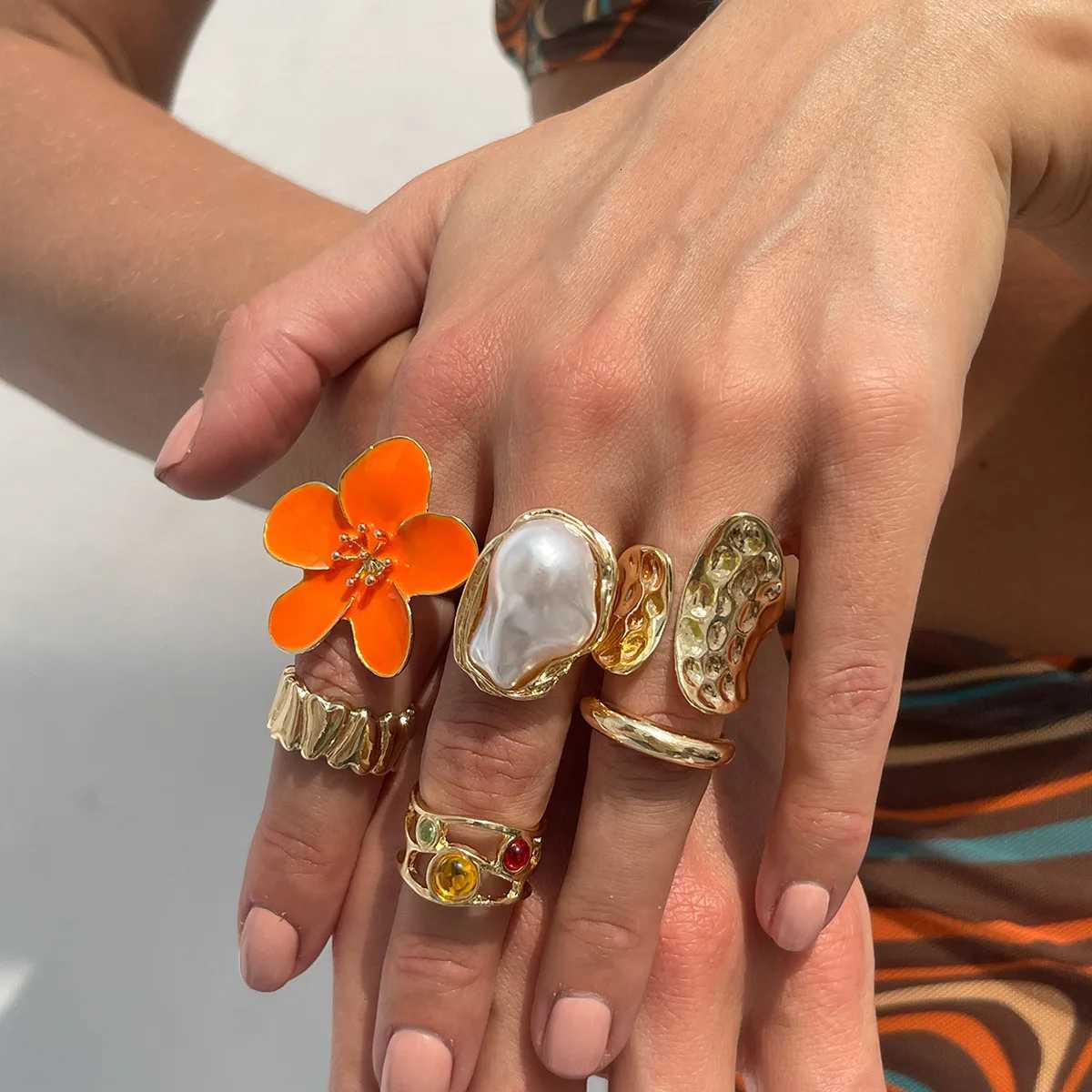 10 Pieces One Set Vintage Baroque Pearl Flower Rings For Women Men Girls Punk Gold Silver Color Geometric Knuckle Joint Ring Jewelry X250718