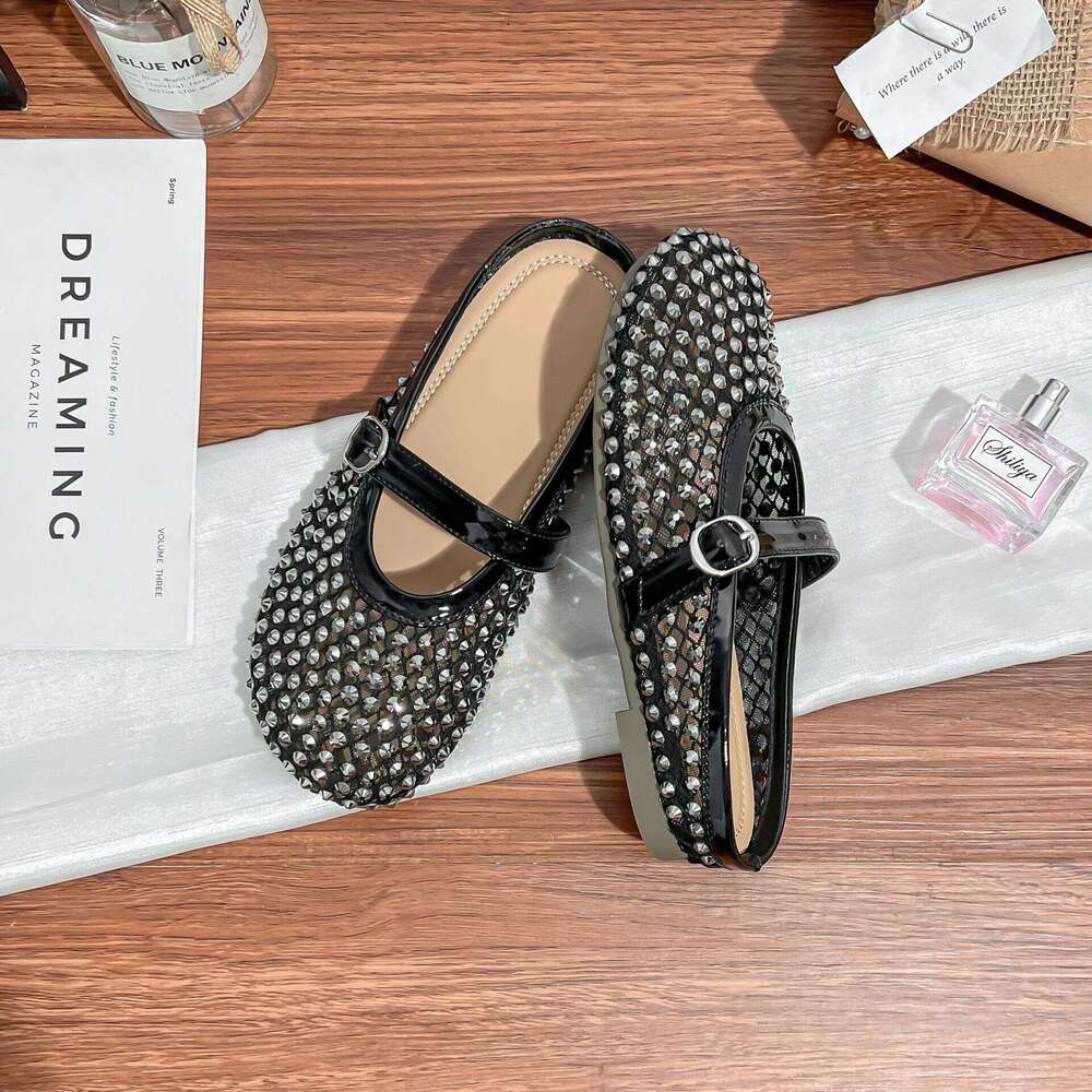 Su Yinyin Fairy Style Flowing Light Mesh Rhinestone Breathable Buckle Strap Closed-Toe Vacation for Women Half Slippers Summer Outdoor Wear