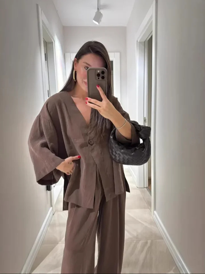 2025 Summer Casual Solid Straight Pants Set Women Chic V Neck High Waist Long Sleeve Flare Top Suits Summer Daily Street Outfits 250715