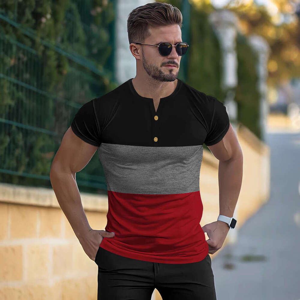 New Button Round Neck Short Sleeve Summer Casual Sports Three-Color Patchwork Men's T-Shirt Henley Shirt B5