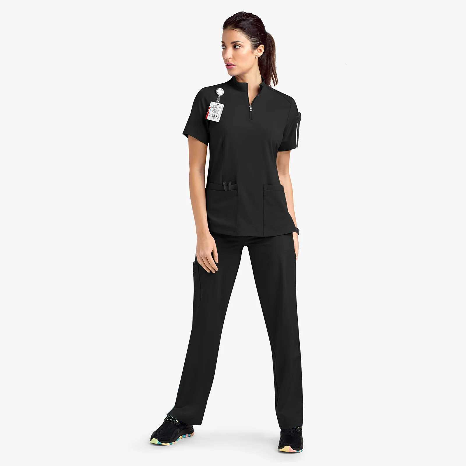 New Nurse Women Casual Short Sleeved Apparel Top Pharmacy Working Medical Hospital Doctor Nursing Uniform Stand-up collar Zipper Z250718