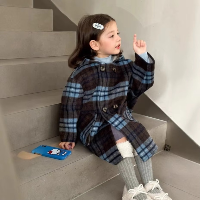 Children's Coats Plaid Printed Woolen Padded Hooded Coat Kids Jackets for Girls Winter Clothes Kids Jacket