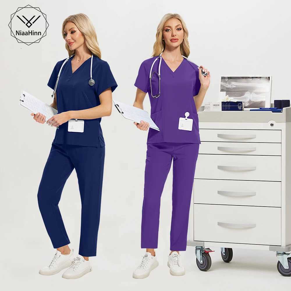 Medical Scrub Nurse Uniform Breathable V-neck Top Straight Pants Set Anti-Wrinkle Hospital Nursing Scrubs Suit Doctors Work Wear Z250718