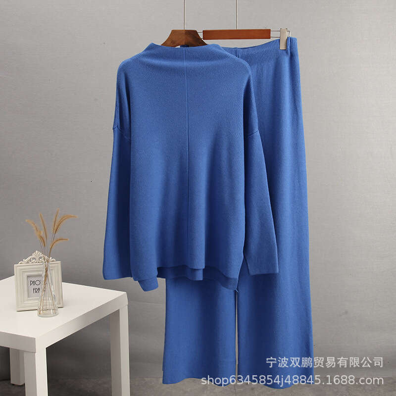 Style Solid Color Set For Women Irregular Slit Top + Wide-Leg Pants Casual Loose New B5