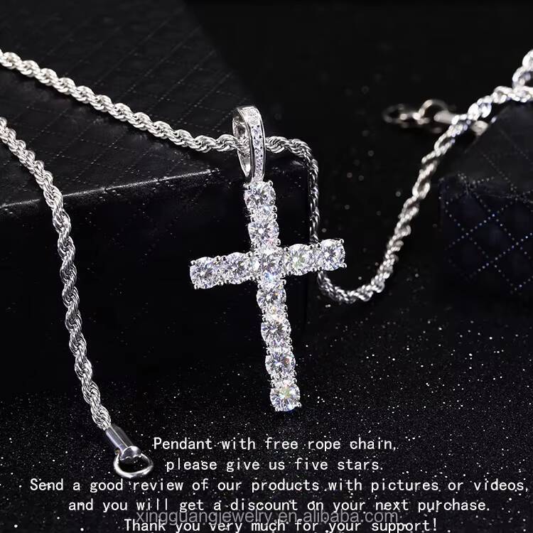 Ready to Ship Rope Chain 2mm---5mm Moissanite Cross Pendant 18K Gold Plated Necklace Men Women Christian Jewelry