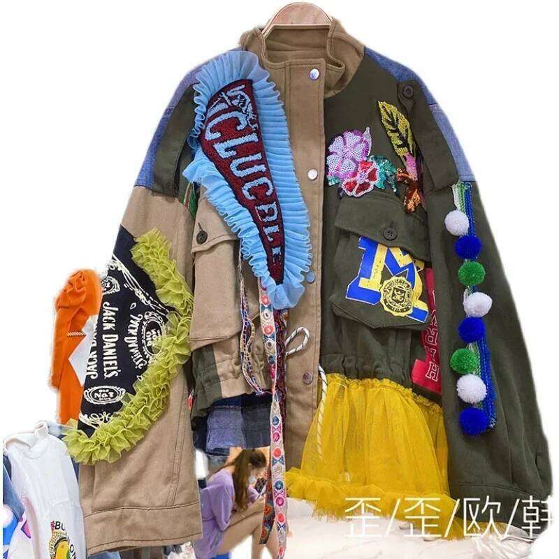 Women Floral Embroidery Sequined Trench Coats Mesh Spliced Ruffles Denim Jacket Hairballs Tassels Jeans Cardigan Streetwear Tops
