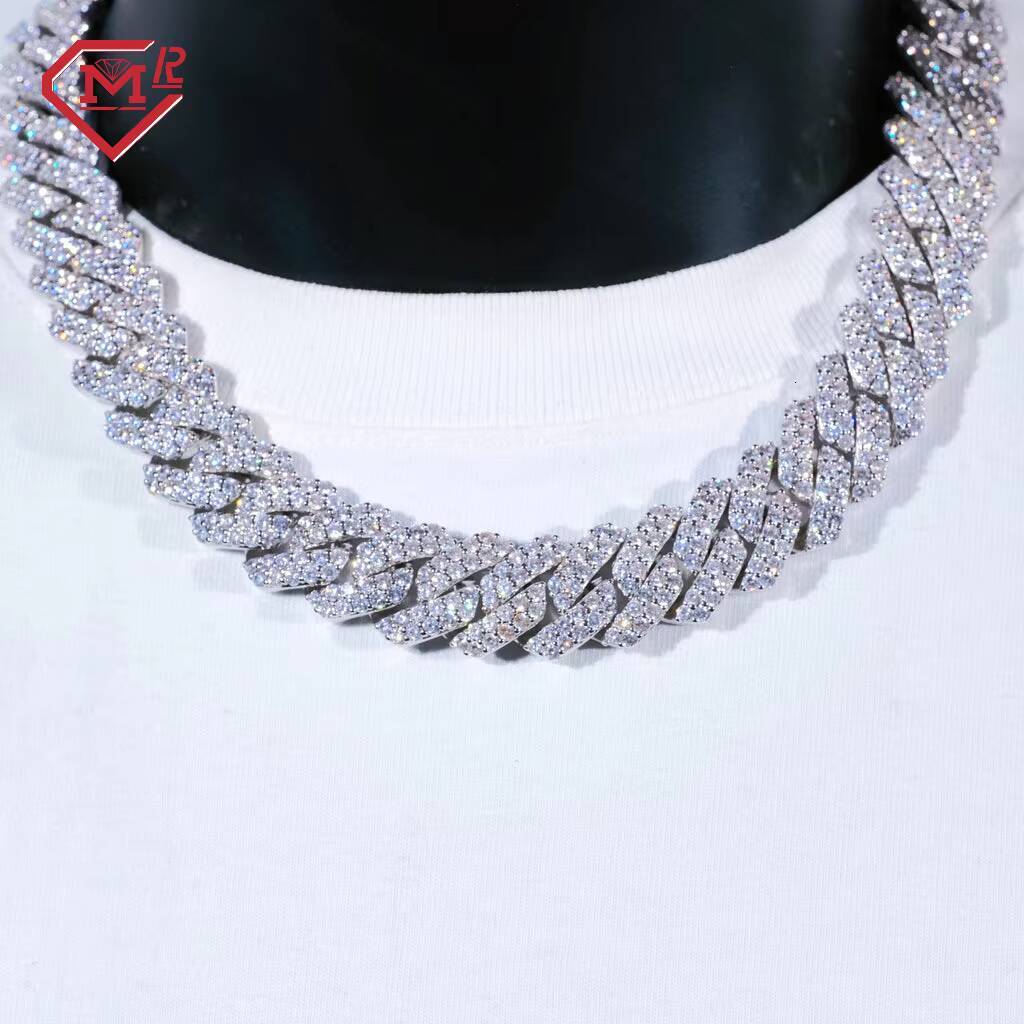Hip Hop Men 16mm Two Rows Cuban Chain Full Iced Out Prong Setting 925 Silver Vvs Moissanite Cuban Link Chain