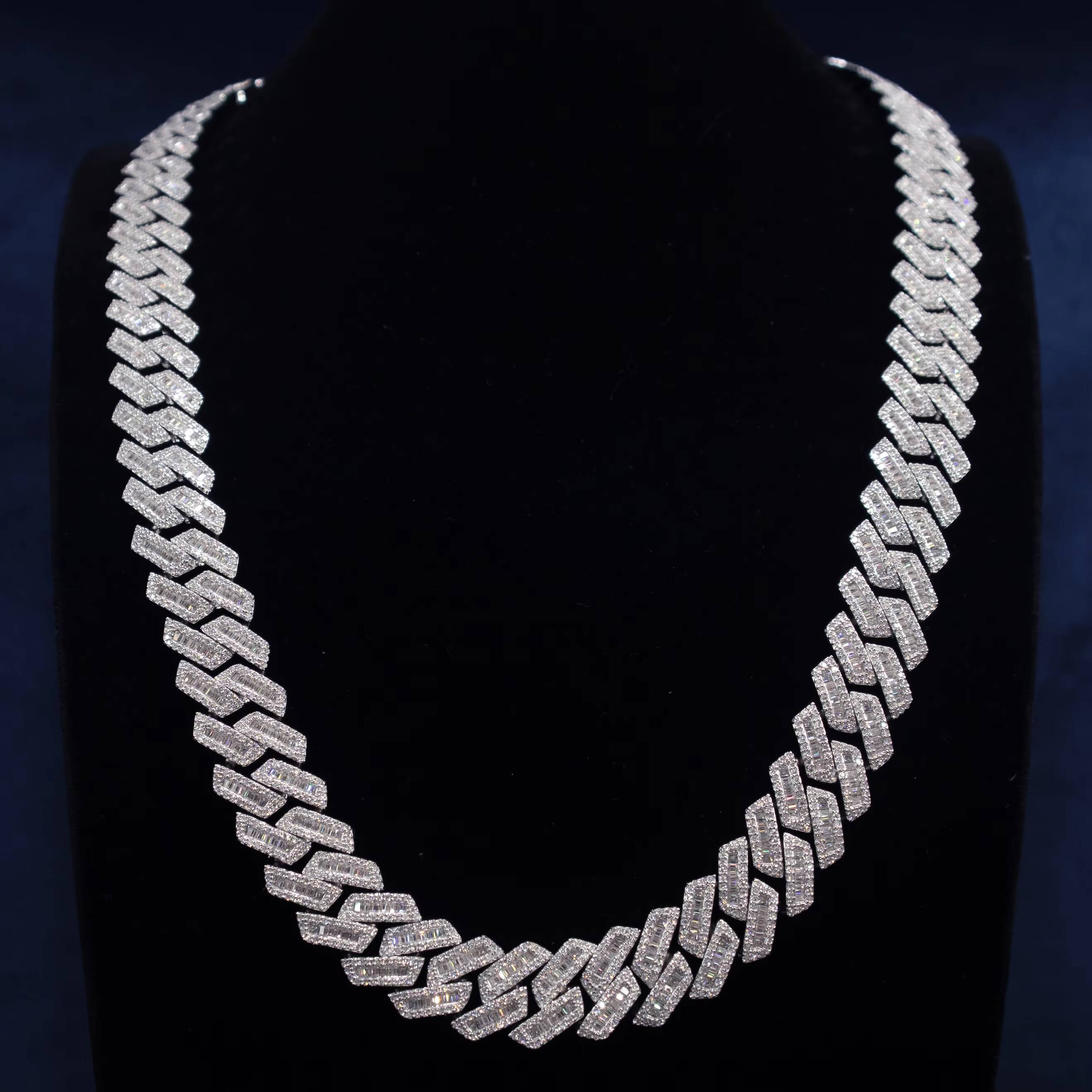 Blingbling Hiphop 12mm 15mm Cuban Chain Rectangular Baguette 925 Silver Iced Out Moissanite Cuban Link Chain