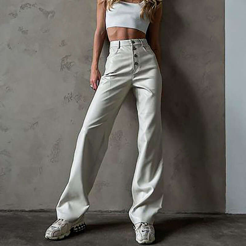 New Arrival Autumn Winter Women's PU Solid Color High Waist Straight Casual Leather Pants B5