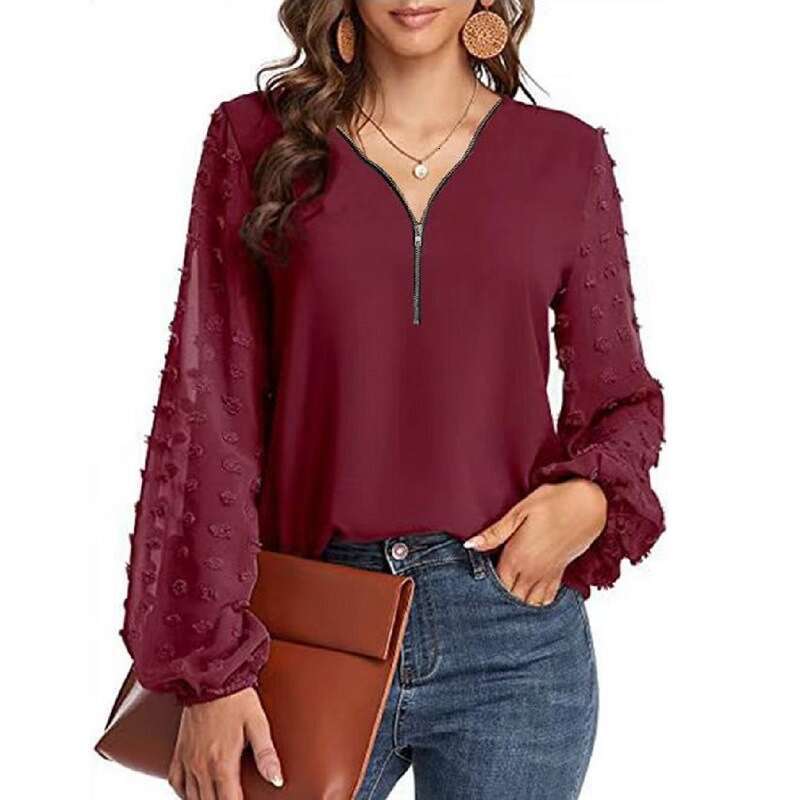Autumn Women's Pullover V-Neck Zipper Patchwork Long Lantern Sleeve Solid Color Versatile Loose Fit B5