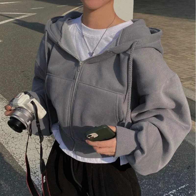 Autumn Winter Hooded Hoodies Women Casual Streetwear Zip Up Sweatshirts Long Sleeve Jackets Harajuku Y2K Crop Tops Hood Shirt XJ250717