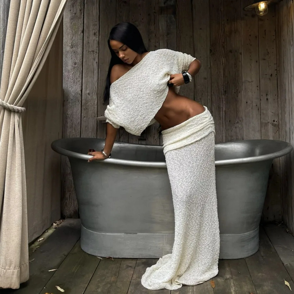 Summer Knit Beach Skirt Sets Women Sexy See Through Holiday Two Piece Outfits Long Sleeve Top and Maxi Skirt Matching Set 2025 250715