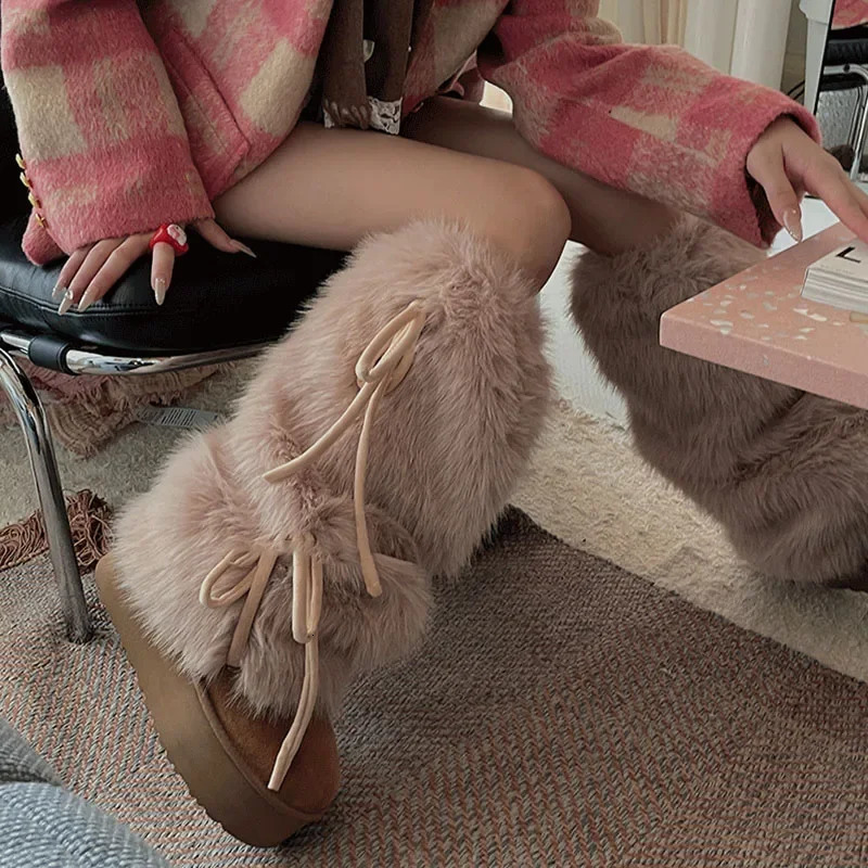 Punk Bow Tie Faux Rabbit Fur Leg Warmers Winter Warm Thickened Plush Leggings Socks Cold Protective Y2kBoot Cover Socks 250717