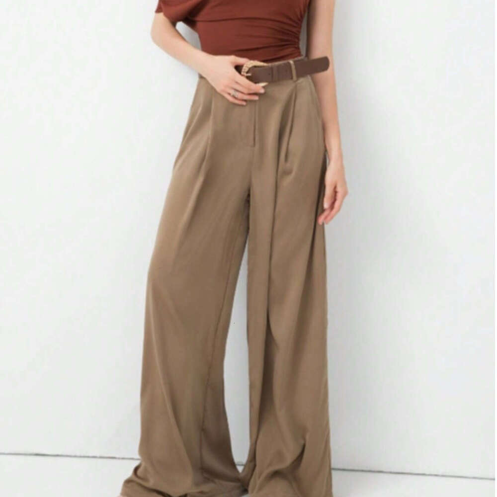TRAFZA Spring New Women's Fashion Versatile Belt Silk Satin Casual Straight Pants B5