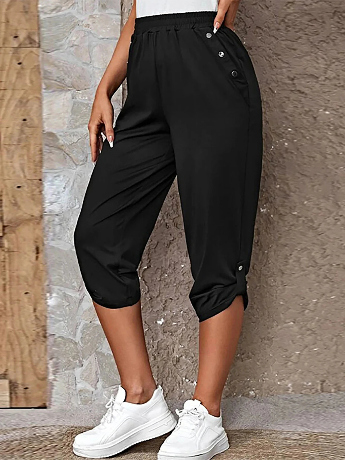 Womens Elastic Waist Crop Sweatpants Loose Fit Casual Summer s with Pockets RollUp Bottoms S3XL 250714