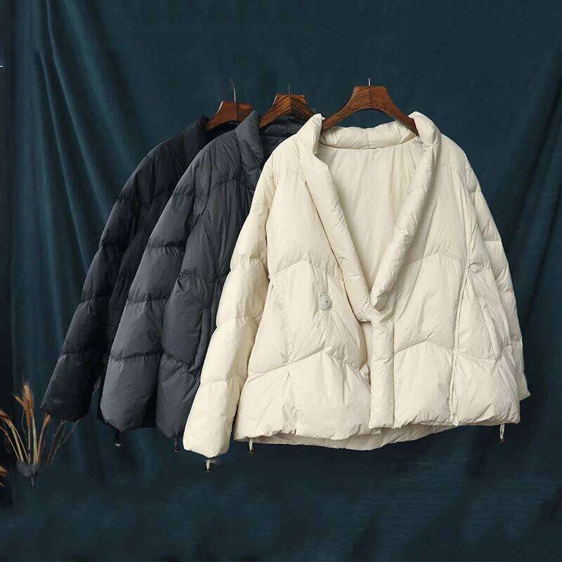 Schinteon Women Japanese Style Jacket Over Size White Duck Down Coat Loose Warm Autumn Winter Casual Outwear Top Quality MDNG