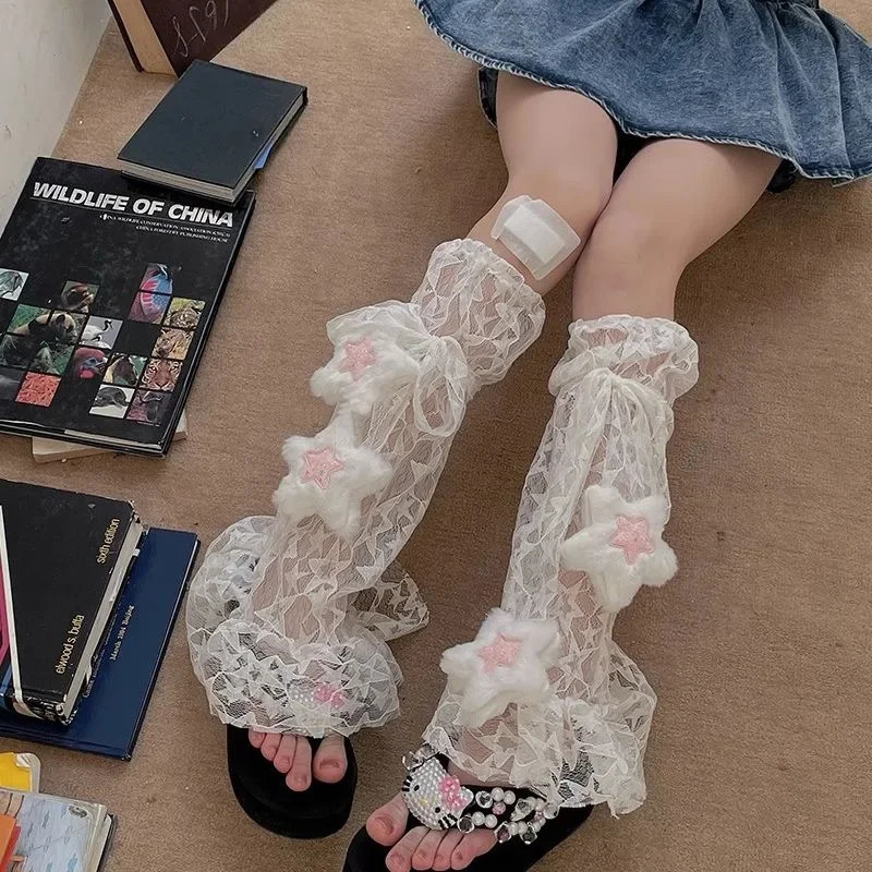 Y2k Sweet Lace Leg Cover Plush Star Lolita Love Cute Lace Summer Thin Stockings Leg Warmers Japanese JK Accessories Sock 250717