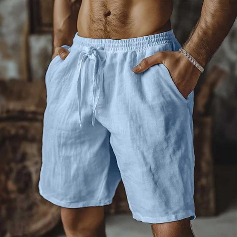Stylish Solid Color Loose Straight Shorts Mens Summer Beach Casual Breathable Linen Shorts Vintage Lace-up Drawstring Men Shorts W250718