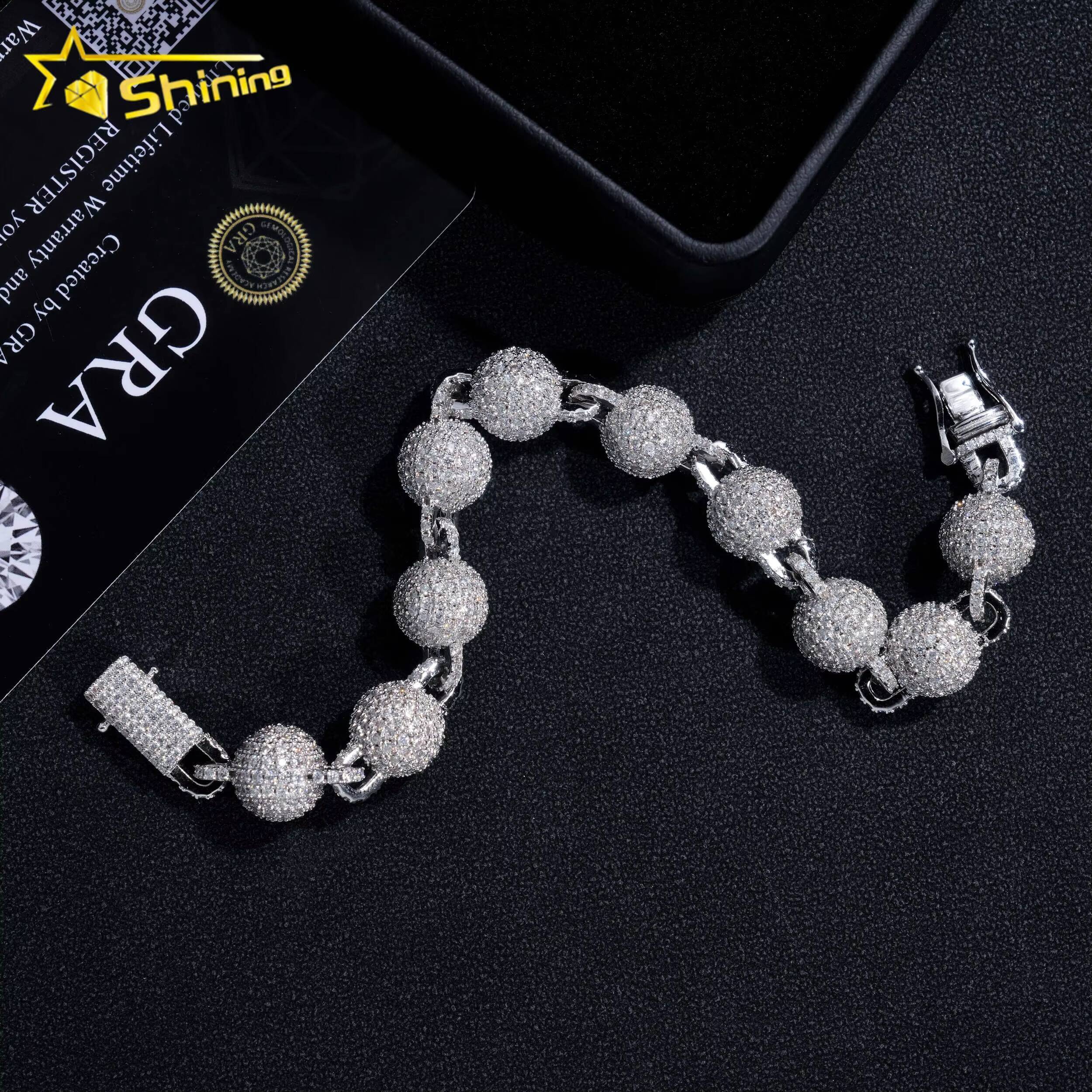 Hip Hop Jewelry 925 Silver Fashion 10MM Iced Out Diamond Moissanite Bead Ball Bracelet