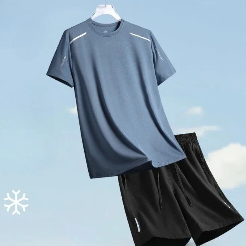 Ice Silk T-shirts Shorts Men Sports Suits Plain Summer Clothes Two-piece Set Korean Style 2025 Baggy Cool Elastic Man Sets 250715