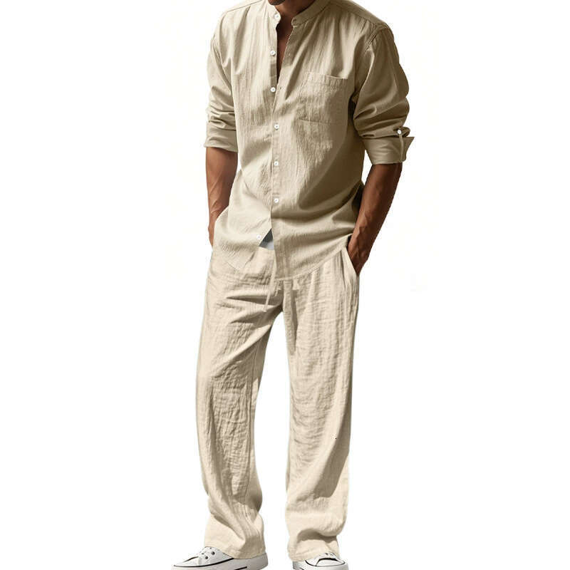 American Style Four Seasons Linen Men's Casual Loose Breathable Sleeve Long Pants Shirt Beach Set B5