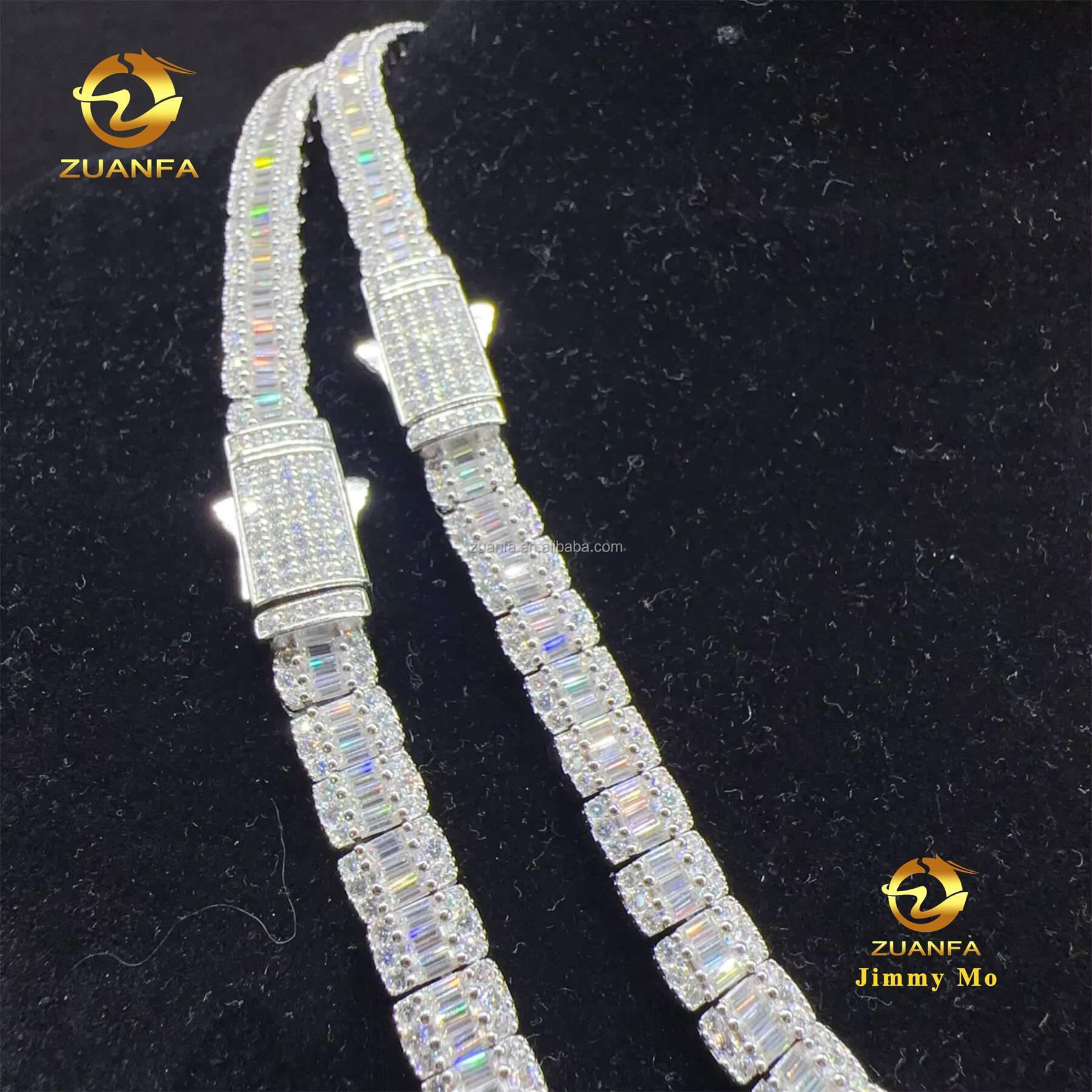 New Design Hip Hop Style Jewelry Iced Out 925 Solid Silver Rhodium Plated 8mm Baguette Moissanite Diamond Cluster Tennis Chain