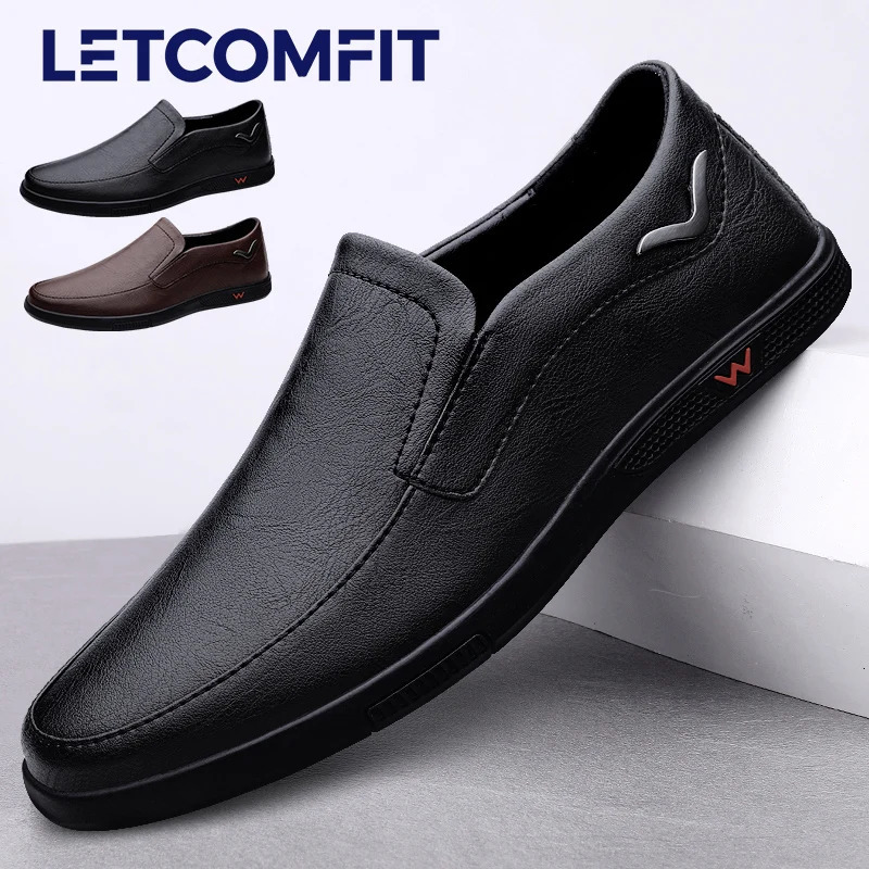 LETCOMFIT Mens Casual Business Oxfords TwoLayer Cowhide Rubber Sole Breathable Loafers SlipOn Solid Faux Leather Shoes 250717