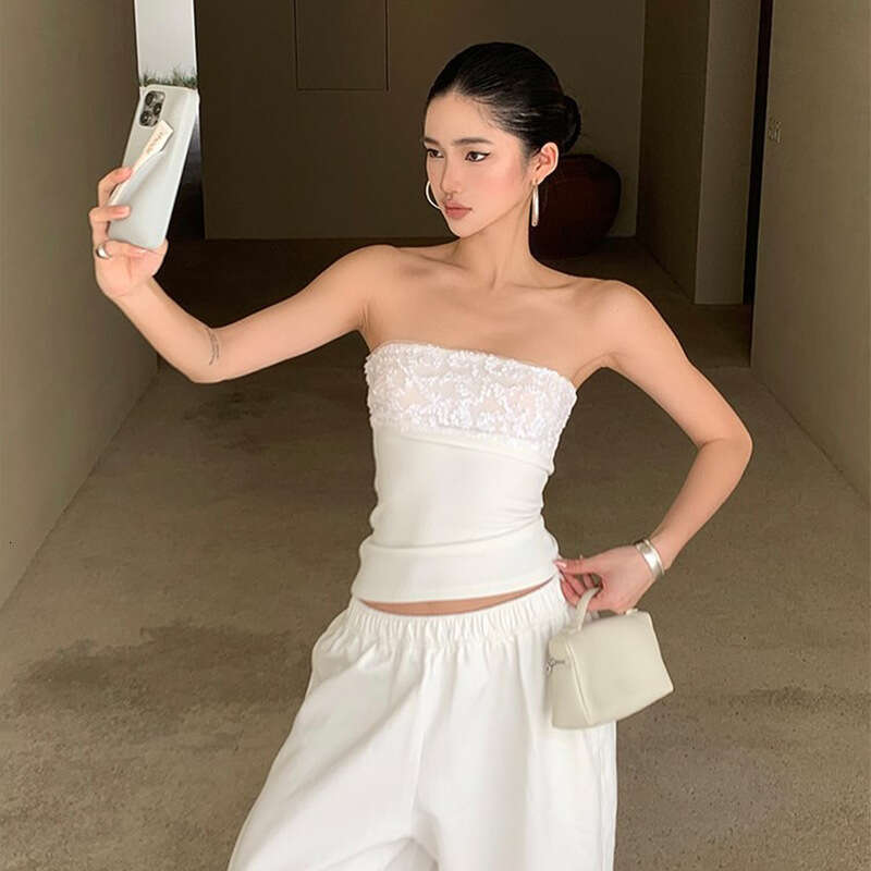 New Style Patchwork Sequin Strapless White Sleeveless Slim Fit Design One-Shoulder Sexy Summer Women B5