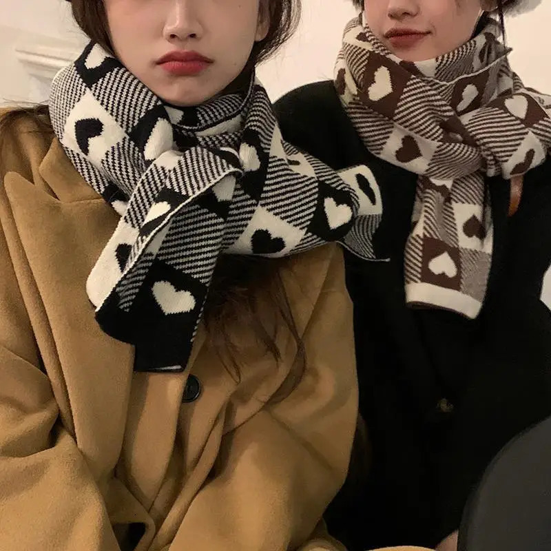 Knitted Scarf Love Heart Black White Plaid Long Blanket Scarf Thickened Warm Winter Womens Scarves Christmas Year Gifts 250717