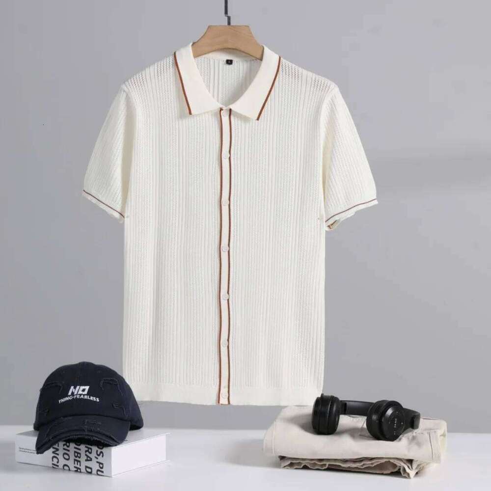 Slavinson Men's Short Sleeve Summer Fashion Retro Knit Lapel Top Solid Color Soft Breathable Light Polo Knitwear Men US Size