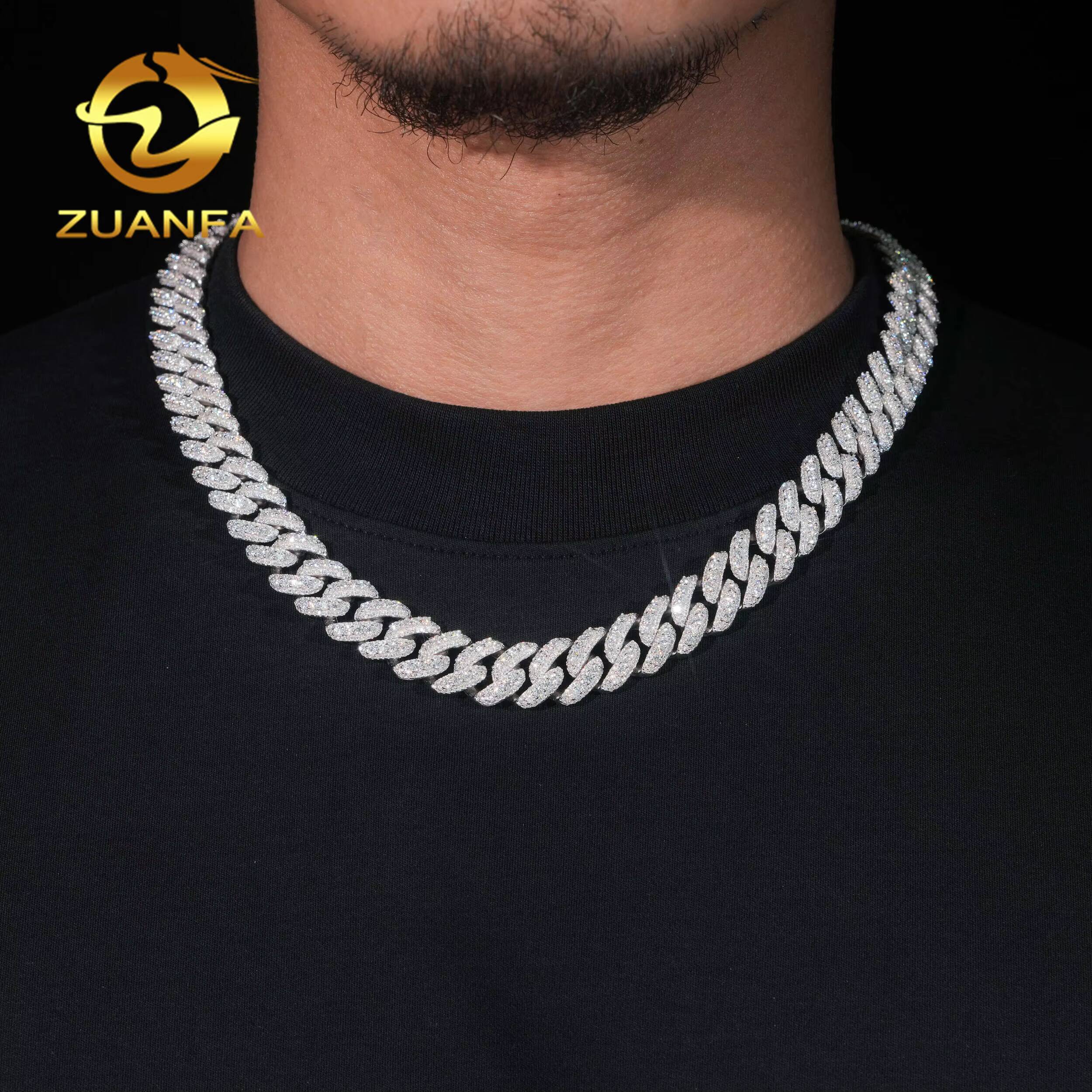 Wuzhou Zuanfa Cuban Chain Expert Direct Sale PROMOTION 15mm Cuban Links Moissanite Chain Moon Shape 3 Row Pass Diamond Tester